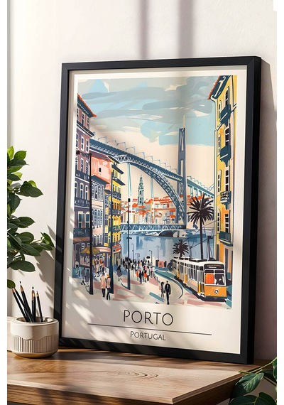 Portekiz Porto Temalı Çerçeveli Tablo Travel Serisi Modern İllüstrasyon Şehir Duvar Dekoru Siyah