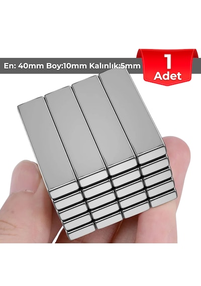 1 Adet Neodyum Mıknatıs Boy: 40mm En: 10mm Kalınlık: 5mm 40x10x5 Ndfeb Güçlü Mıknatıs N107