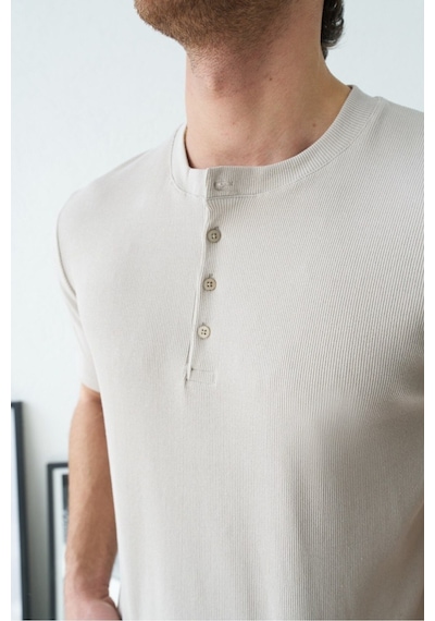 Baselco Premium Henley Yaka Beyaz T-shirt - Rib Dokulu Modern Fit Bej
