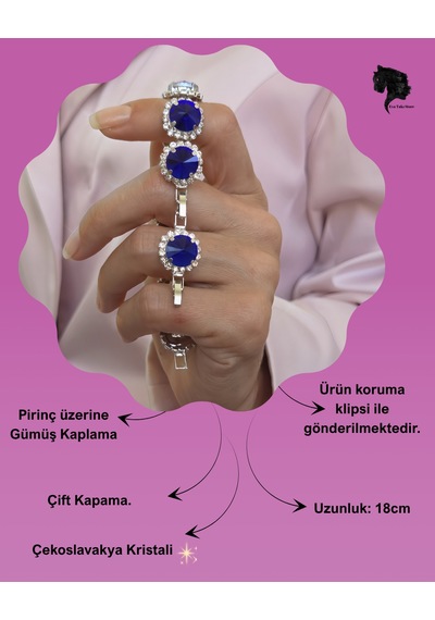 Riviere Kristal Taşlı Çiçek Model Lacivert Renkli Bileklik