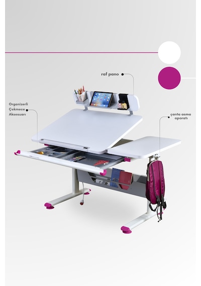 Vega Standart Yükseklik Ve Eğim Ayarlı, Modern Çekmeceli Bilgisayar, Ofis Ve Çalışma Masası Fuşya Gri Vega Standart Yükseklik Ve Eğim Ayarlı, Modern Çekmeceli Bilgisayar, Ofis Ve Çalışma Masası Fuşya Gri