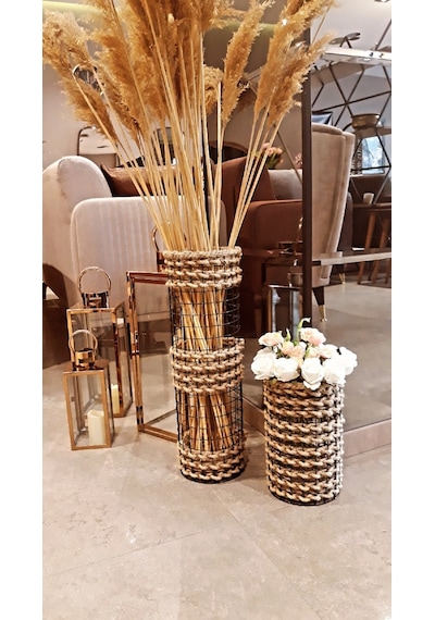 Egindra Trendev Metal Tel Hasır Örgülü Özel Tasarım Pampas Vazosu 25 Ve 50 Cm 2Li Set