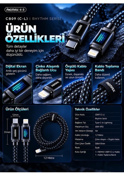 Remax Cb09-cl Rhythm Serisi 30w Type-c To Lightning Mavi Led Işıklı Örgülü Hızlı Şarj Ve Data Kablosu 1.2 Metre