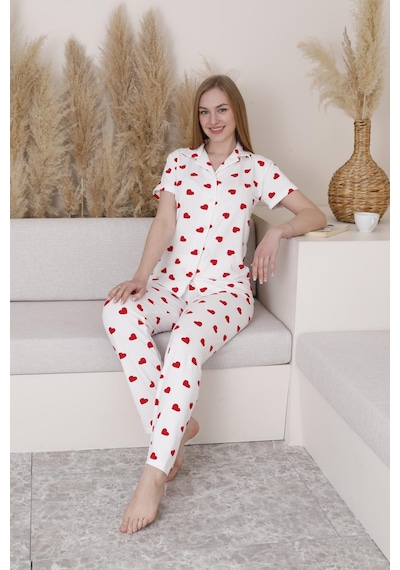 Mutlu City Milan Kumaş Kalp Desenli Düğmeli Kadın Pijama Takımı 3103-beyaz Beyaz