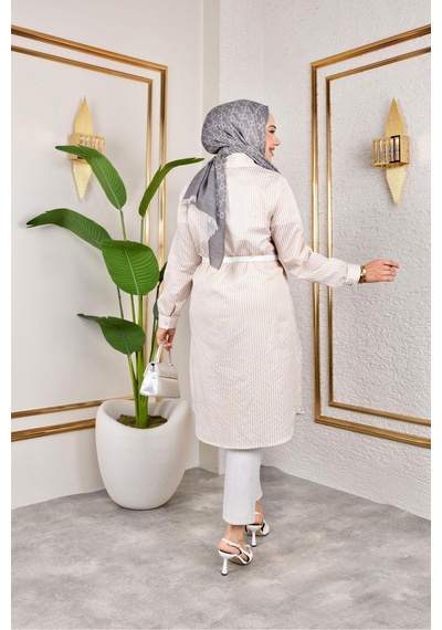 Harman Butik Kemerli Çizgili Keten Gömlek Bej Bej