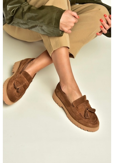 Fox Shoes Z944014461 Taba Süet Kalın Tabanlı Püsküllü Loafer Ayakkabı