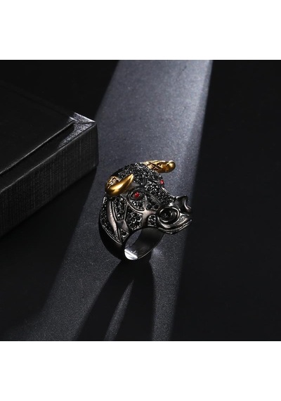 Boğa Yüzük Rhinestone Taşlı Black Bull Gold Horn 316L Paslanmaz Ç Bronz