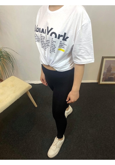 Kadın Bisiklet Yaka Oversize Kalıp New York Baskılı Tişort Spr24tsk112 Beyaz