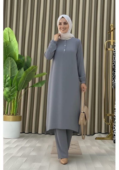 Mismoly Tesettür İkili Takım Uzun Tunik Bol Paça Pantolon 4006-gri Gri