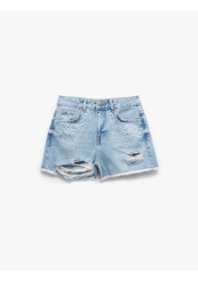 Koton Taşlı Yıpratılmış Düğmeli Cepli Mini Denim Şort Açık İndigo 5sal40071md Açık İndigo