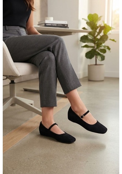 Shoetek Argus Kadın Babet Dolgu Topuklu Bantlı Tokalı Siyah Süet