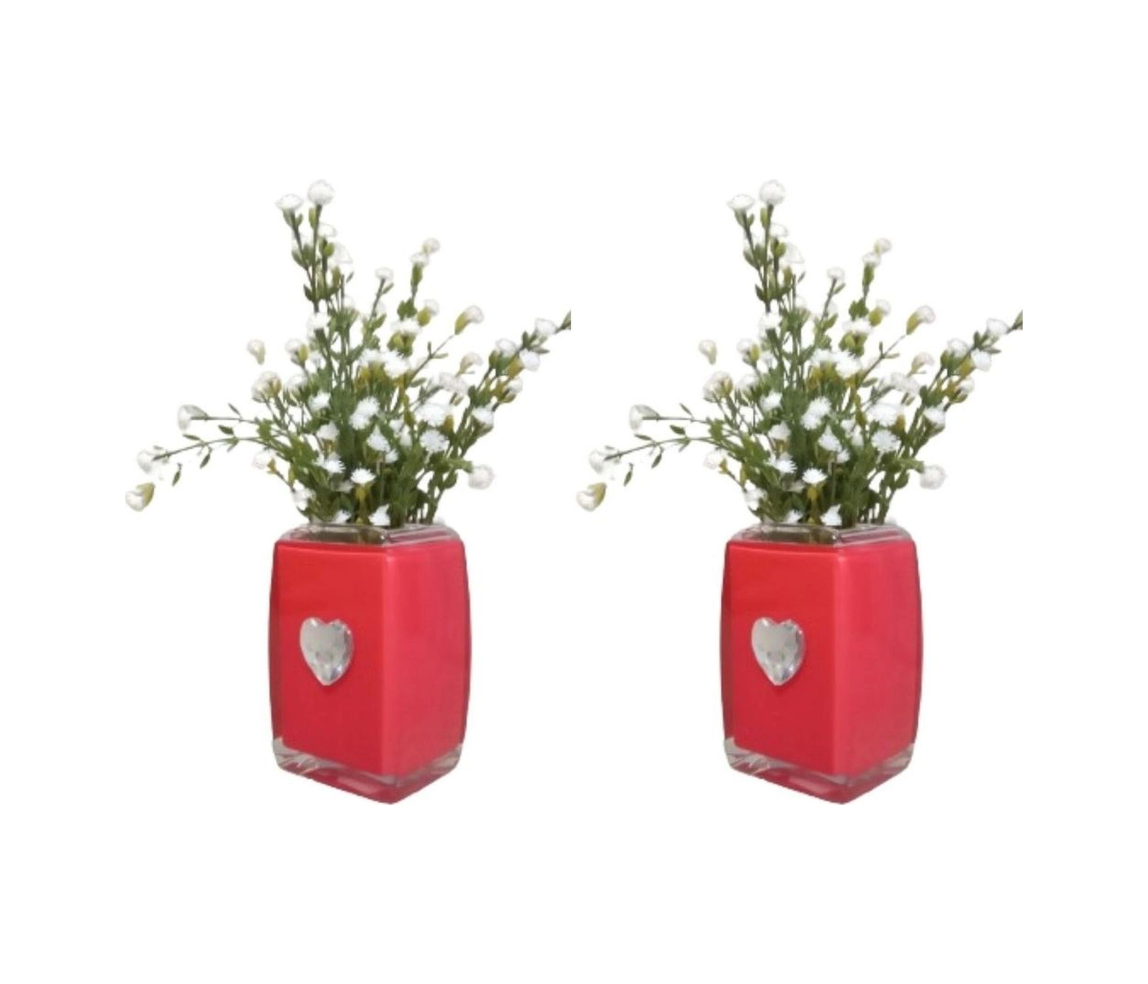 2 Adet Vazo Dahil,vazoda Çiçek,beyaz Yapay Çiçek,vazo Dekoratif Kristal Taşlı Kırmızı Kalpli 6x6x16cm Çok Renkli