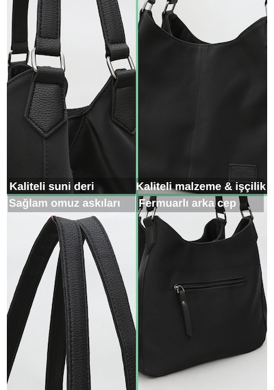 5086 Parlak Siyah 3 Bölmeli Günlük Kadın Omuz Çantası Yumuşak Pu Deri Tote