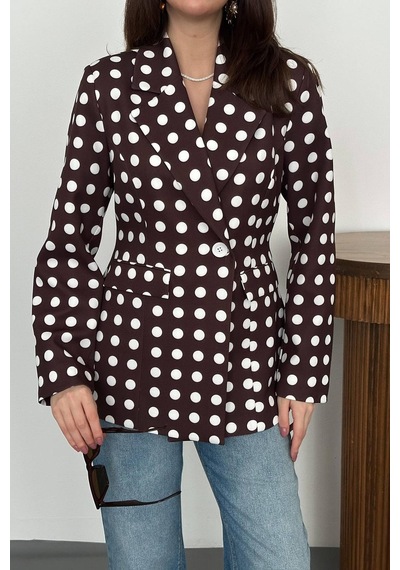 Cemo Kadın Puantiyeli Tek Düğmeli Blazer Ceket Kahve