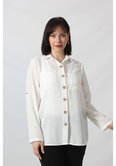 Moda Berray Bb-077 Beyaz Pamuk Keten Kolu Apoletli İki Cepli Kadın Büyük Beden Gömlek Beyaz
