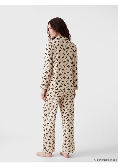 Lcw Dream Bej Gömlek Yaka Fiyonk Baskılı Hamile Pijama Takımı
