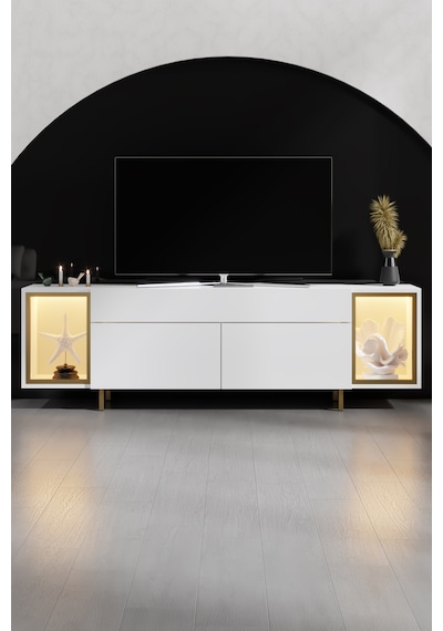 Zenith Gold Demir Ayaklı Rgb Led Işık Sistemli Beyaz Tv Ünitesi Tv Sehpası Beyaz - Altın Zenith Gold Demir Ayaklı Rgb Led Işık Sistemli Beyaz Tv Ünitesi Tv Sehpası Beyaz - Altın