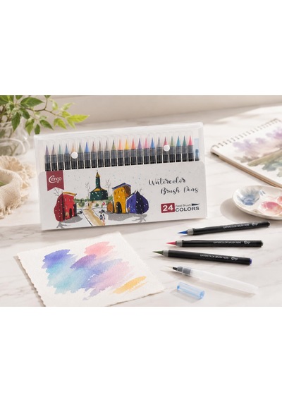 24 Renk Sulu Boya Fırça Kalemi Seti Watercolor Brush Pens, Su Hazneli Fırça Kalemli