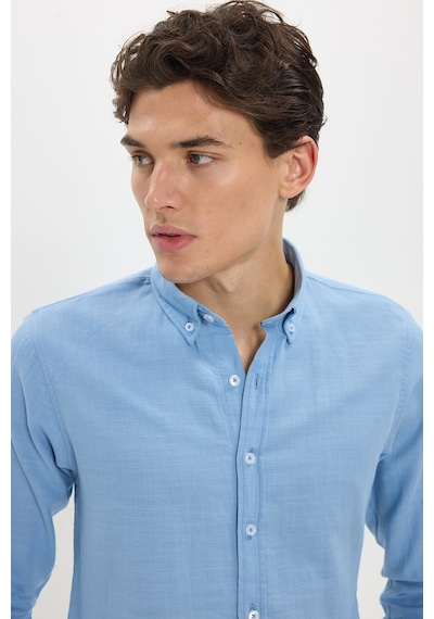 Tudors Erkek Slim Fit Dar Kesim %100 Pamuk Düğmeli Yaka Flam Keten Mavi Gömlek-50273