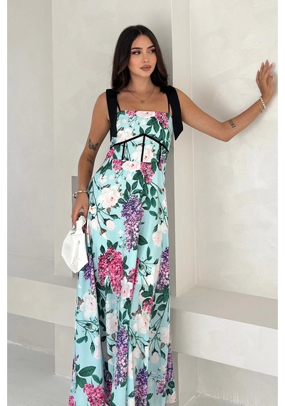 Asprin Fashion Çiçek Desen Korse Detaylı Elbise Mavi