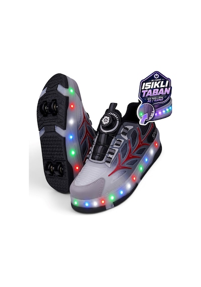 Nstil Unisex Yetişkin Çocuk Spor Ayakkabı Akıllı Bağcıklı Çıkarılabilen Patenli Işıklı Sneaker 003 Kırmızı