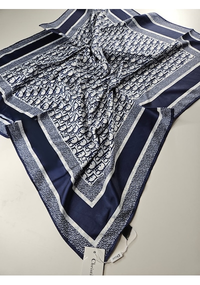 Miorel Scarfs Harf Tema Çift Taraflı Vual İpek Eşarp Silk Scarf Hijab Aksesuar Fular Lacivert