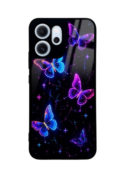 Oppo Reno 14f Neon Butterfly Dream Tasarımlı Glossy Telefon Kılıfı Mavi