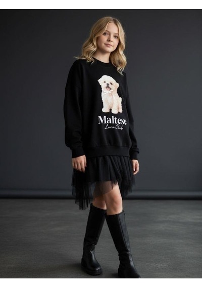 Kız Çocuk Pamuklu Köpek Baskılı Oversize Tasarım Sweatshirt-16472 Siyah