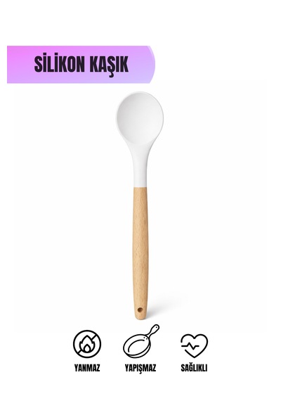 Silikon Kaşık Isıya Dayanıklı Yapışmaz Mutfak Kaşığı, Tencere Ve Tava Dostu Beyaz