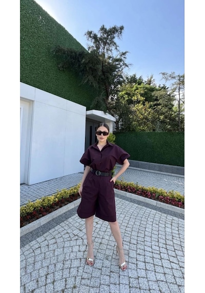 Moderie Butik Yakalı Gömlek Kemerli Şortlu Takım - Bordo Bordo