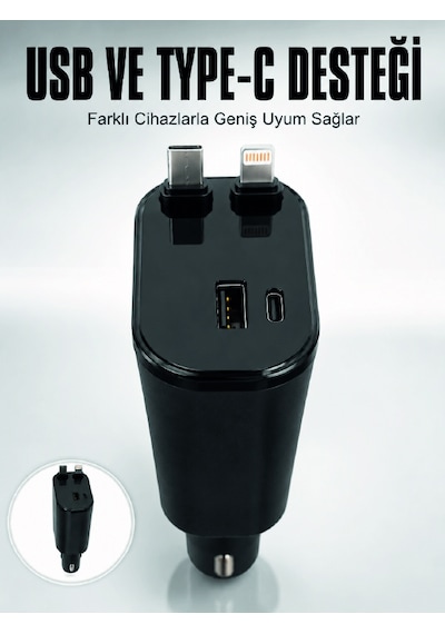Araç Çakmaklık Şarj Cihazı 120w Type-c & Lightning Kablolu Çoklu Hızlı Şarj İstasyonu 11