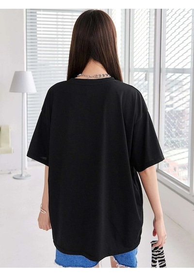 Wtfk T-shirt - Siyah Baskılı Oversize Bisiklet Yaka Kısa Kol Siyah