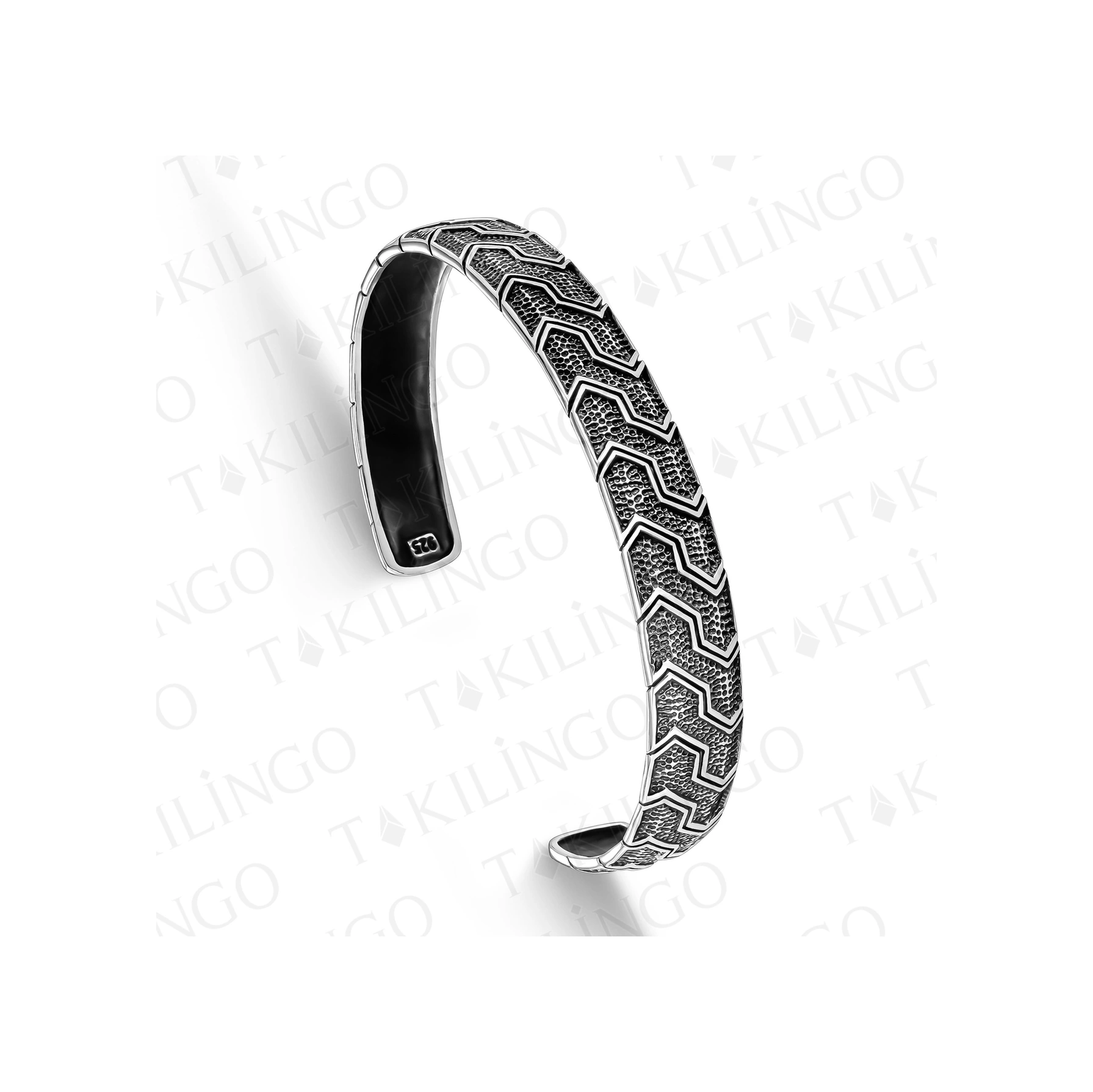 925 Ayar Gümüş Etnik Desenli Vintage Model Açık Cuff Erkek Bileklik Gümüş