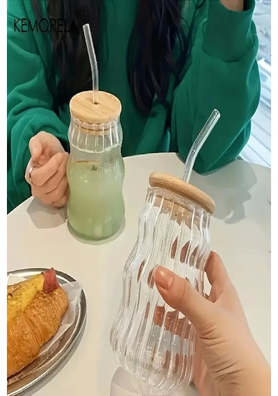 Bardak Kahve Kokteyl Sunum Bardağı 400ml 2li Sukabağı Latte Bardak Bambu Kapaklı İskandinav Cam Bambu