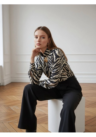 Pera Moda Gold Broşlu Zebra & Batik Desenli Bluz Siyah