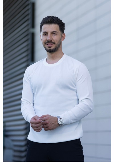 Hk Premium Erkek Fitilli Slim Fit Bisiklet Yaka Triko Kazak Beyaz