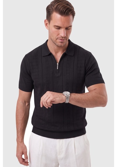 Rizzup Erkek Fermuarlı Siyah Polo Yaka Triko Tişört Regular Fit Rahat Kesim 2604360