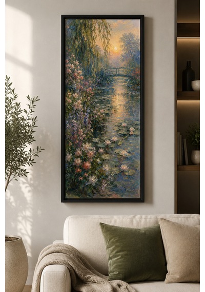 Monet Tarzı Nilüferler Çiçekli Peyzaj Tablosu - Siyah Ahşap Çerçeveli Vintage Sanat Duvar Dekoru 25x60 Cm