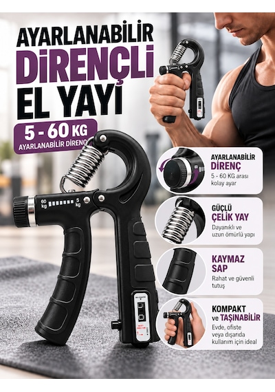 Ayarlanabilir Dirençli El Yayı 5-60 Kg Sayaçlı El Egzersiz Aleti Güçlü Çelik Yay Kaymaz Sap