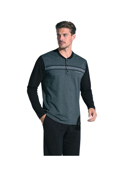 Pierre Cardin 6141 Erkek Uzun Kollu Yakası Düğmeli Jakarlı Pijama Takımı-siyah