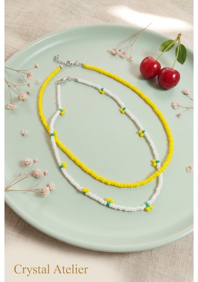 Crystal Atelier 2'li Sarı Kiraz Boncuk Kolye Seti El Yapımı Kum Boncuk Beyaz Sarı İkili Choker Kombini Sarı - Beyaz
