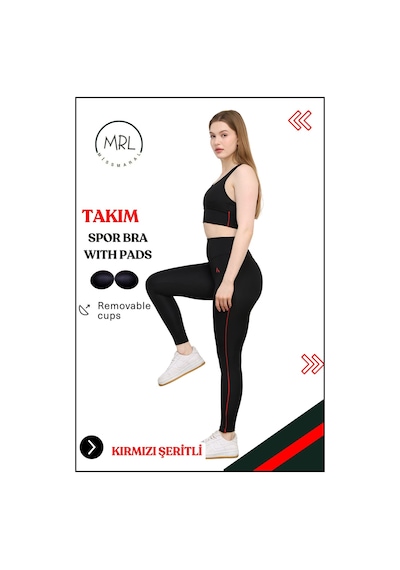 Missmaral Kadın Spor Takım Yüksek Bel Tayt Pedli Büstiyer Sport Team High Waist Padded Bustier Black 3048 Siyah Kırmızı