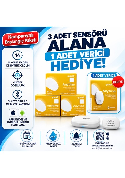 Yuwell Şeker Ölçüm Sensörü Sürekli Glikoz İzleme Sistemi Anytime 3 Sensör + 1 Verici