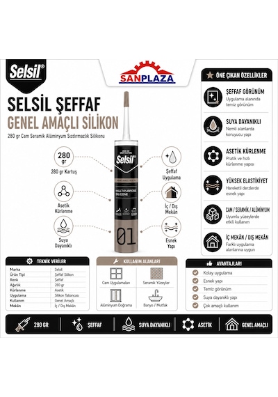 Selsil Şeffaf Genel Amaçlı Silikon 280 Gr Cam Pvc Seramik Banyo Mutfak Sızdırmazlık 5 Adet