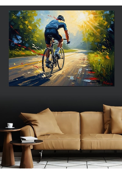 Güneşli Yolda Bisiklet Süren Adam Dekoratif Kanvas - Mdf Ahşap Tablo