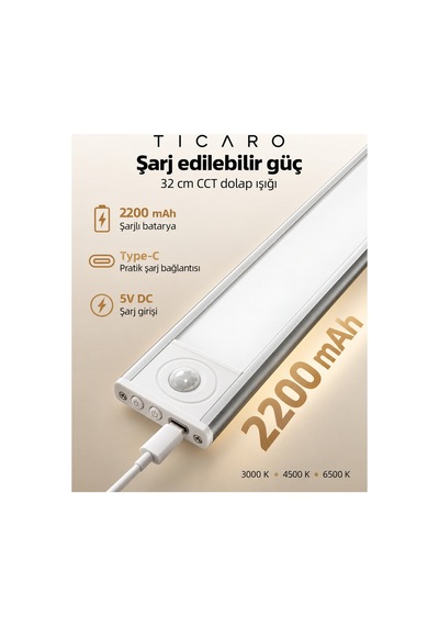 Tıcaro 32 Cm Cct Sensörlü Şarjlı Led Dolap Işığı, 62 Led, 2200 Mah, 2 Adet Gümüş