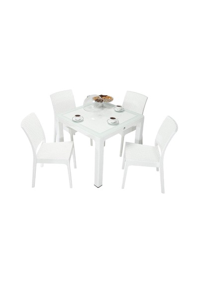 Mandella Elit Rattan 90x90 Elit Sandalye Camlı Masa Takımı Beyaz Çok Renkli