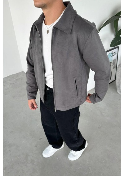 Gri Süet Kumaş Basic Relaxed Ceket Gri