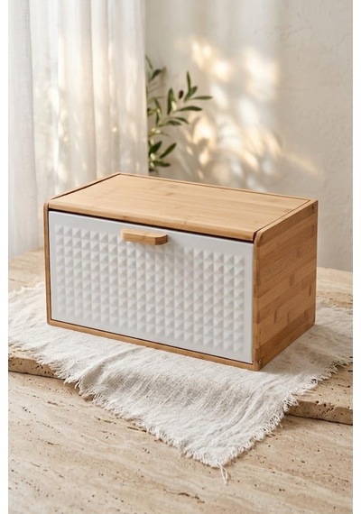 Atbyhome Çift Açılır Kapaklı Doğal Bambu Ekmek Kutusu 35.5x23.5x21 Cm - Beyaz Mat Metal Tezgah Üstü Ekmeklik