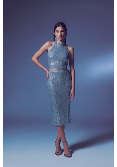 Sateen Payet Detaylı Kalem Etek - Gümüş-134244 Gümüş